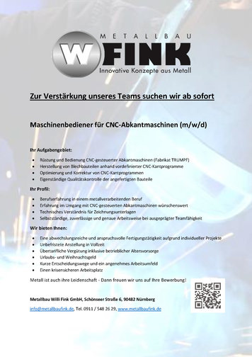 Karriere bei Fink Metallbau - Maschinenbediener für CNC-Abkantmaschinen (m/w/d)