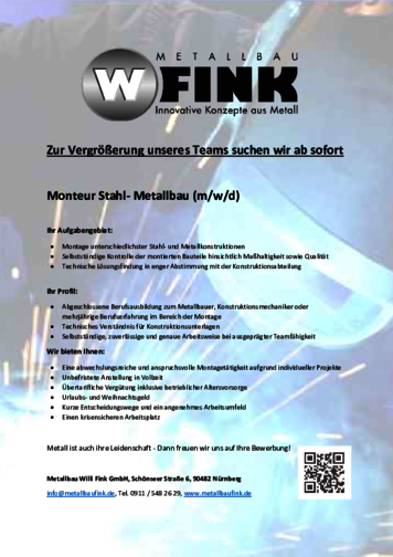 Karriere bei Fink Metallbau - Monteur Stahl- & Metallbau (m/w/d)